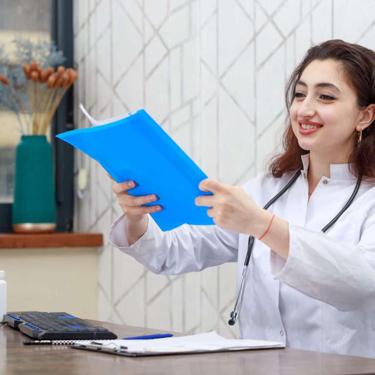 Portrait of young smiling health care worker holding analysis Outsourcing, Medical Billing, Healthcare