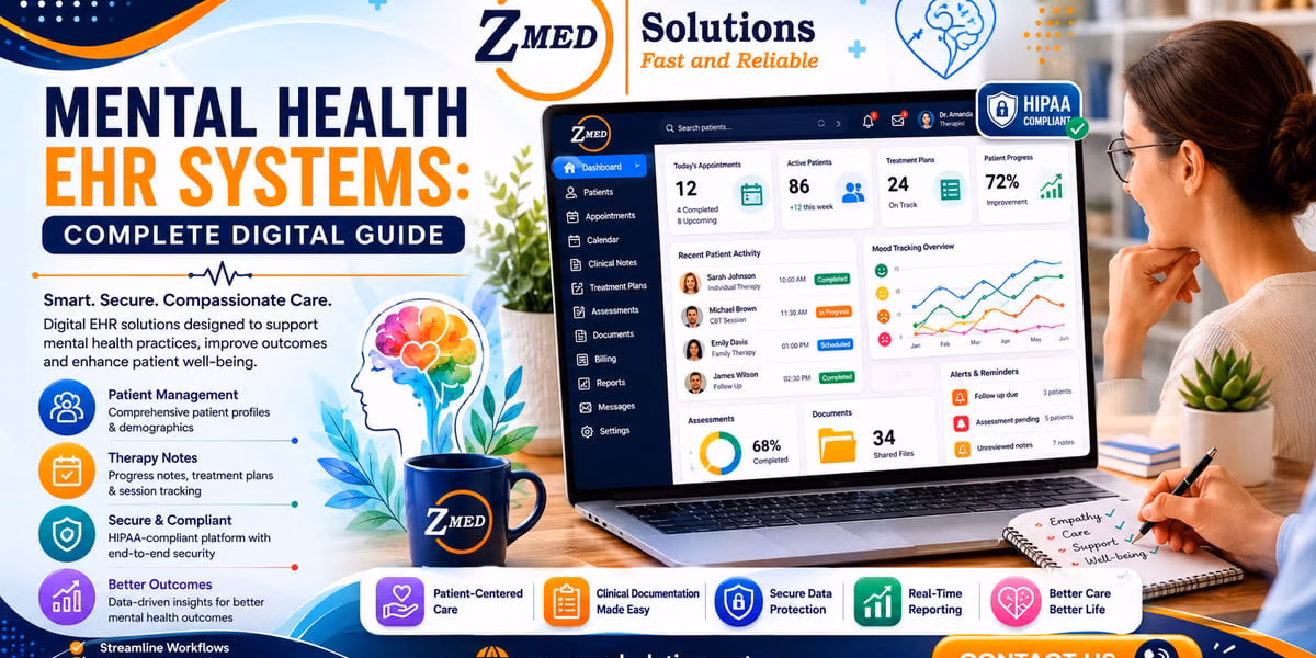 Mental health EHR dashboard showing patient progress tracking, appointment scheduling, and clinical notes in integrated behavioral health system
