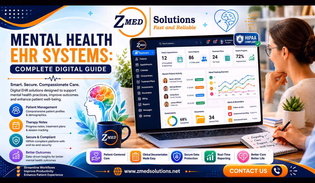 Mental health EHR dashboard showing patient progress tracking, appointment scheduling, and clinical notes in integrated behavioral health system