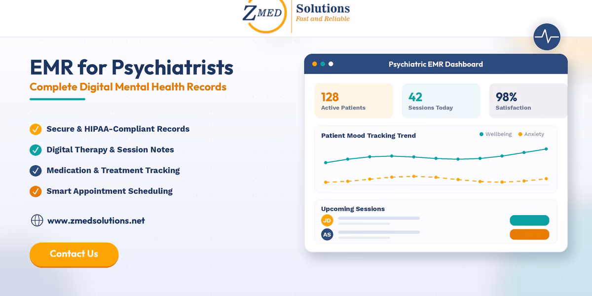 Comprehensive psychiatric EMR dashboard displaying patient mental health records with medication history and therapy notes
