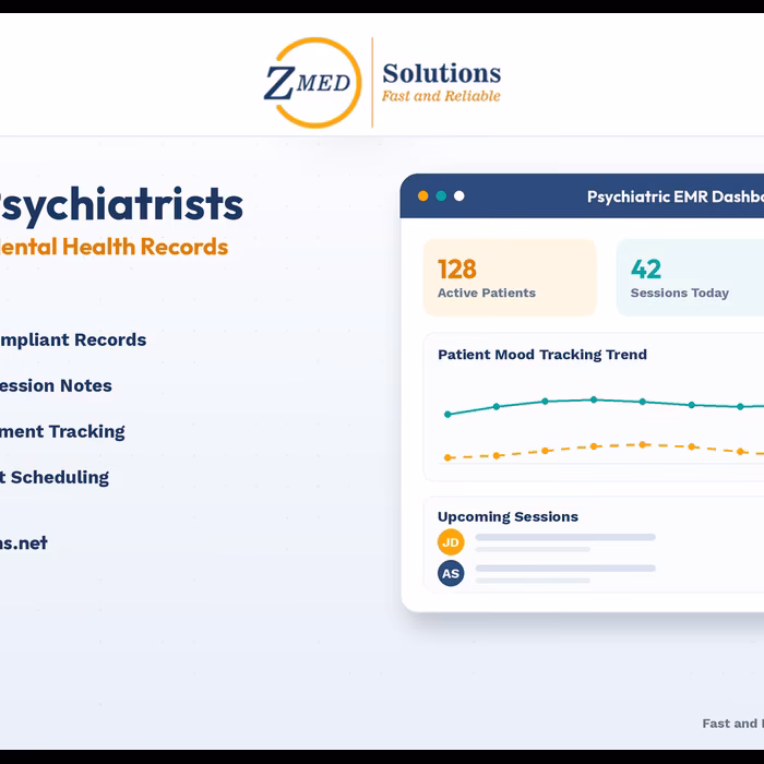 psychiatric-emr-dashboard-interface Comprehensive psychiatric EMR dashboard displaying patient mental health records with medication history and therapy notes