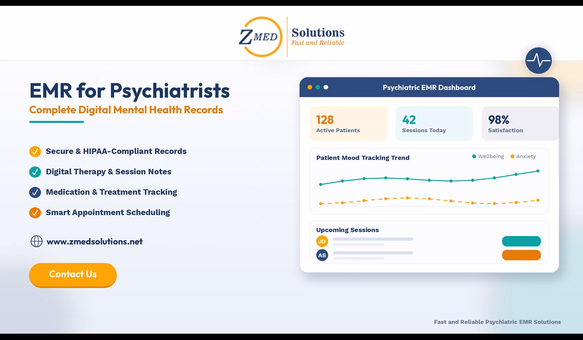 psychiatric-emr-dashboard-interface Comprehensive psychiatric EMR dashboard displaying patient mental health records with medication history and therapy notes