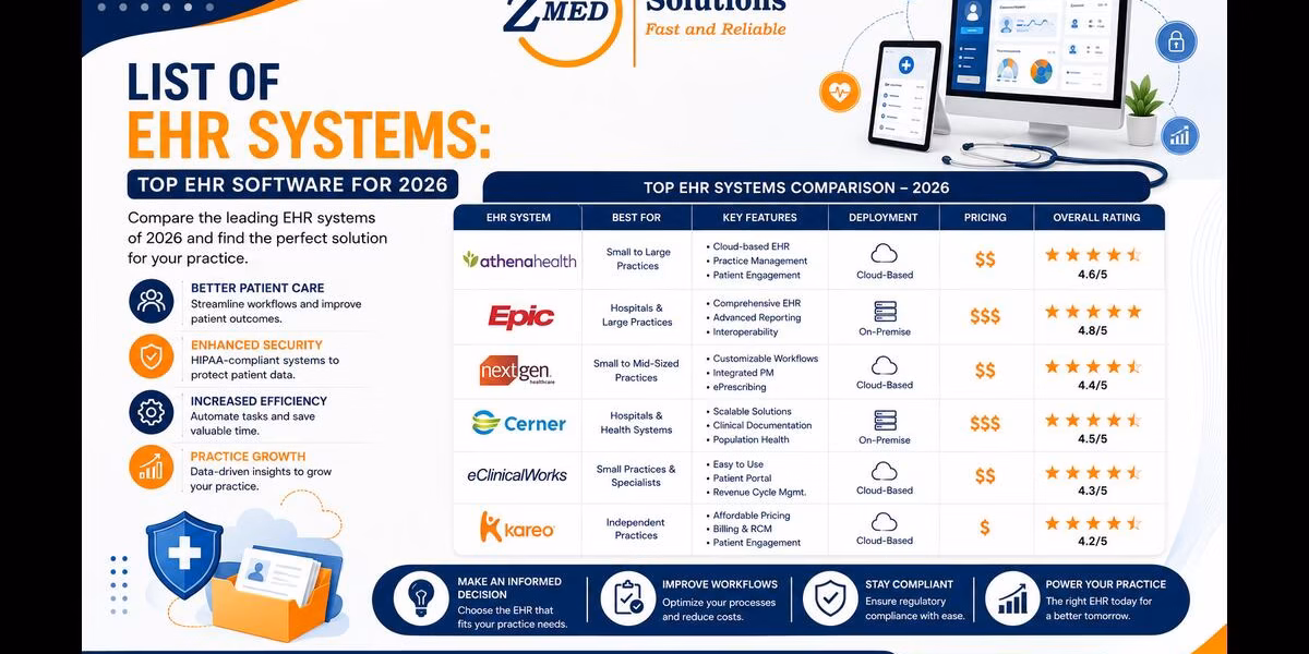 List of EHR systems comparison chart for 2026