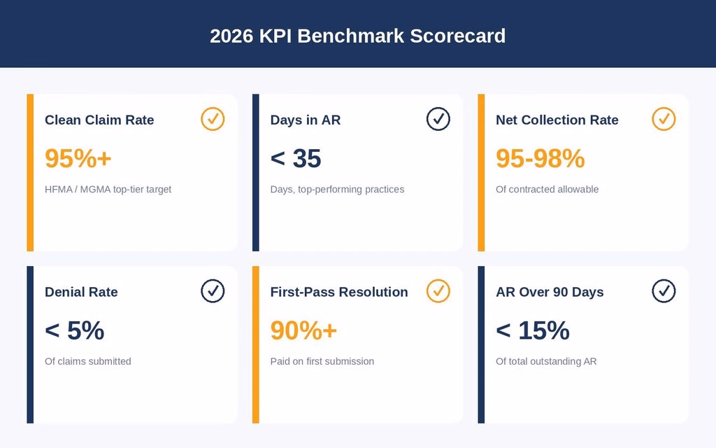 2026 medical billing KPI benchmark scorecard showing clean claim rate, days in AR, denial rate, and net collection rate targets