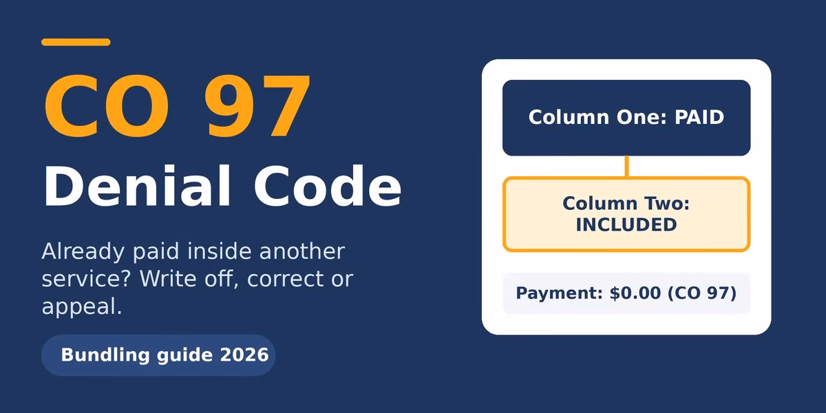 CO 97 denial code: write off, correct or appeal CO 97 denial code explained: Column One service paid and Column Two service included at zero payment