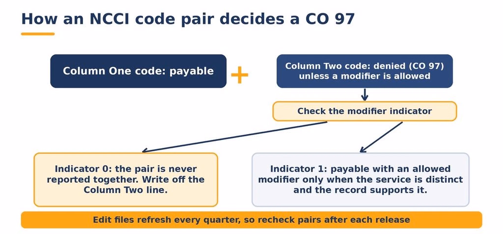 Diagram showing how an NCCI code pair and modifier indicator decide a CARC 97 bundling denial