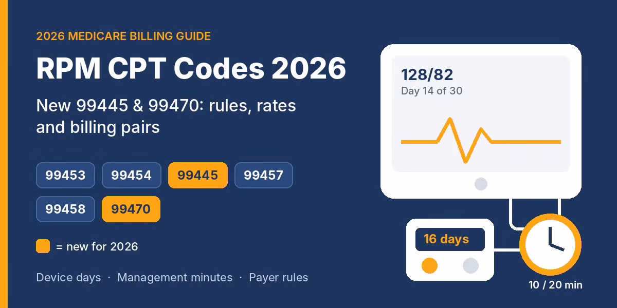 RPM CPT Codes 2026: New 99445 and 99470 RPM CPT codes 2026 featured graphic showing the six remote physiologic monitoring codes with new codes 99445 and 99470 highlighted