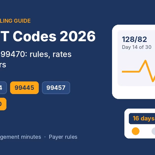 RPM CPT Codes 2026: New 99445 and 99470 RPM CPT codes 2026 featured graphic showing the six remote physiologic monitoring codes with new codes 99445 and 99470 highlighted